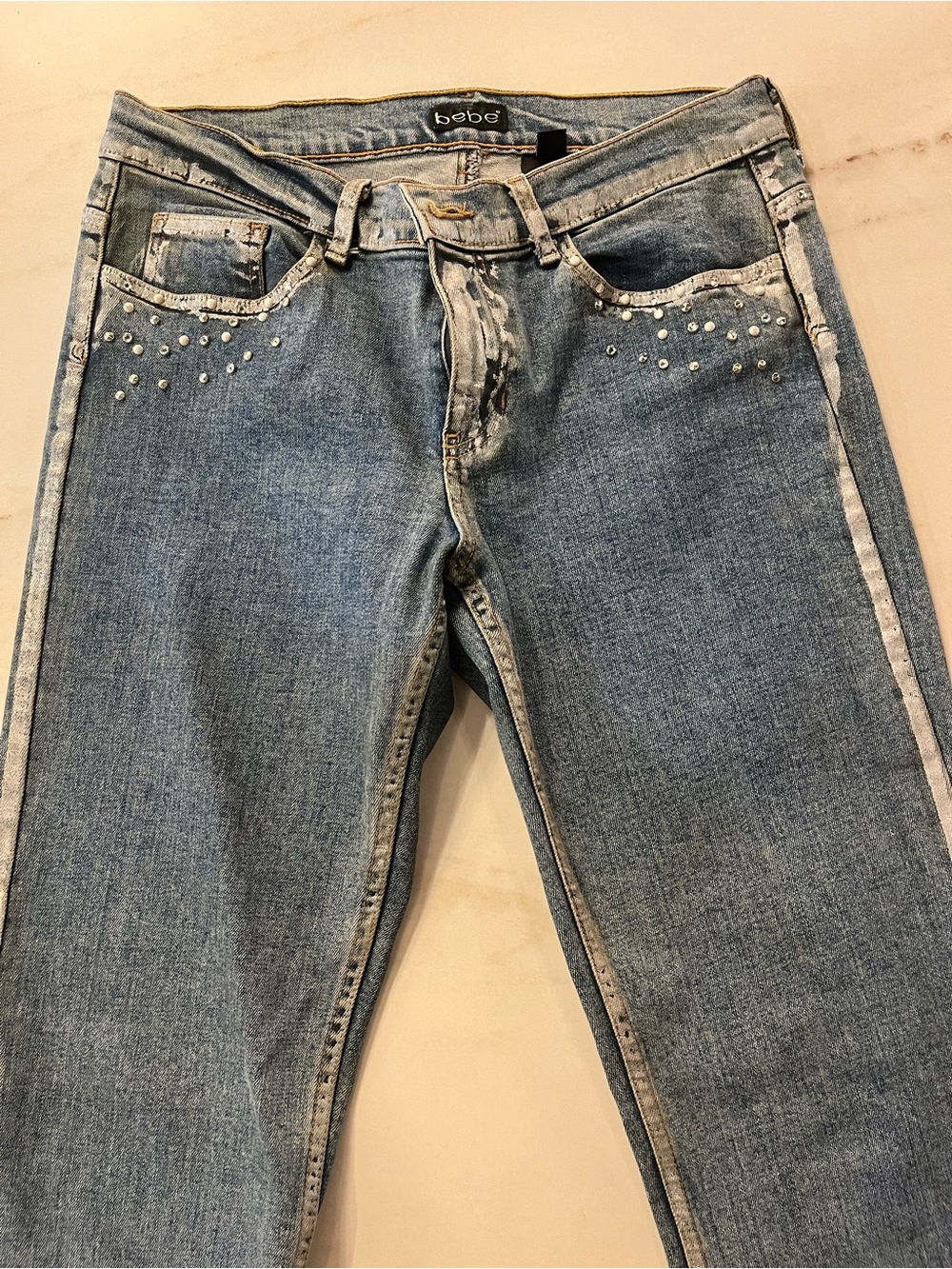 bebe Light Blue Denim Jeans with Stud Accents